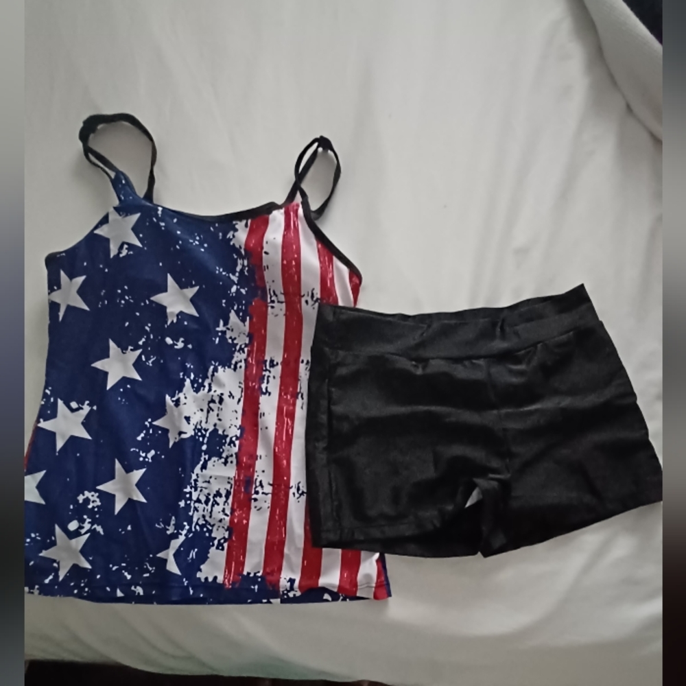 Patriotic tankini top with black boy shorts, brand new, never worn